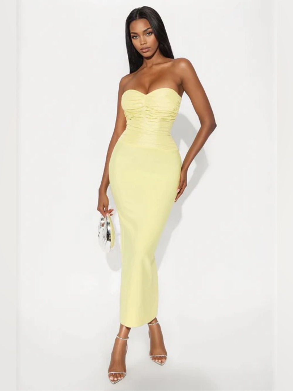Fashion Nova Strapless Pale Yellow Sheath Dress